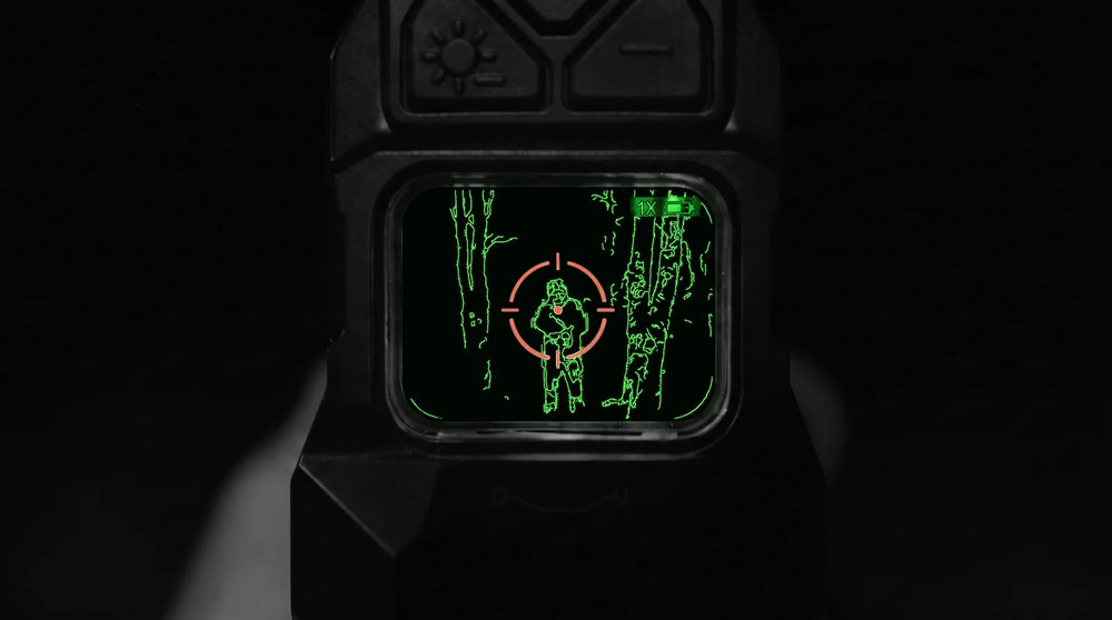 Illustration: view through the HYBRID at night in Outline mode, thin green edge lines of a person and trees