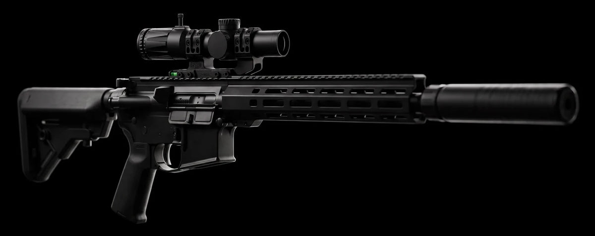 Night Operators VD 1-10 in a black 34 mm cantilever mount on the top rail of a black rifle, side view on black