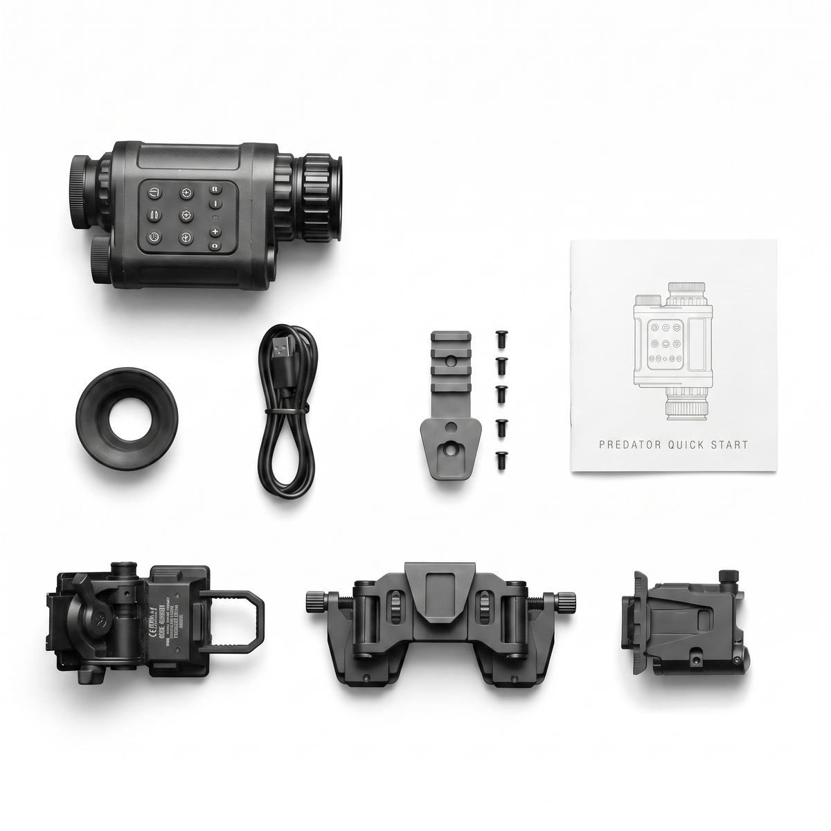 PREDATOR MOUNT KIT flat lay: unit, eyecup, USB-C cable, rail adapter, screws, quick start guide, G24 helmet mount, dual dovetail bridge, 90 degree flip to side QD mount
