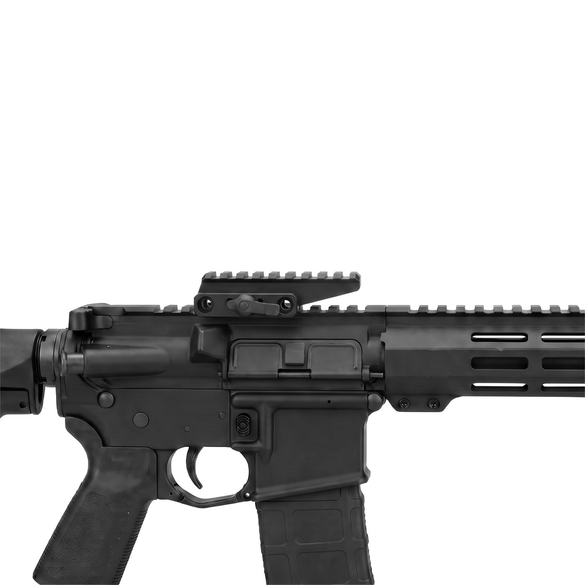 FAST Optic Riser & QD Lever in Black, clamped on a Picatinny rail, true size