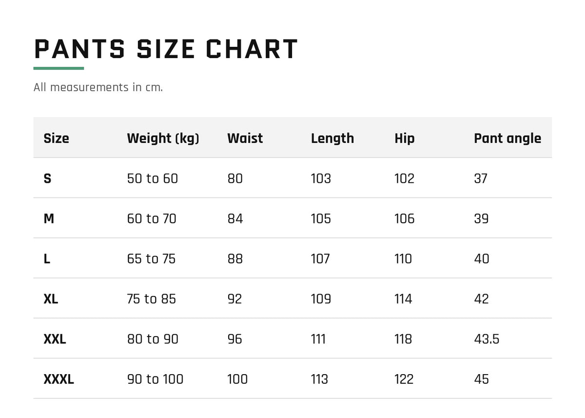 Combat pants size chart in cm: waist, length, hip, weight