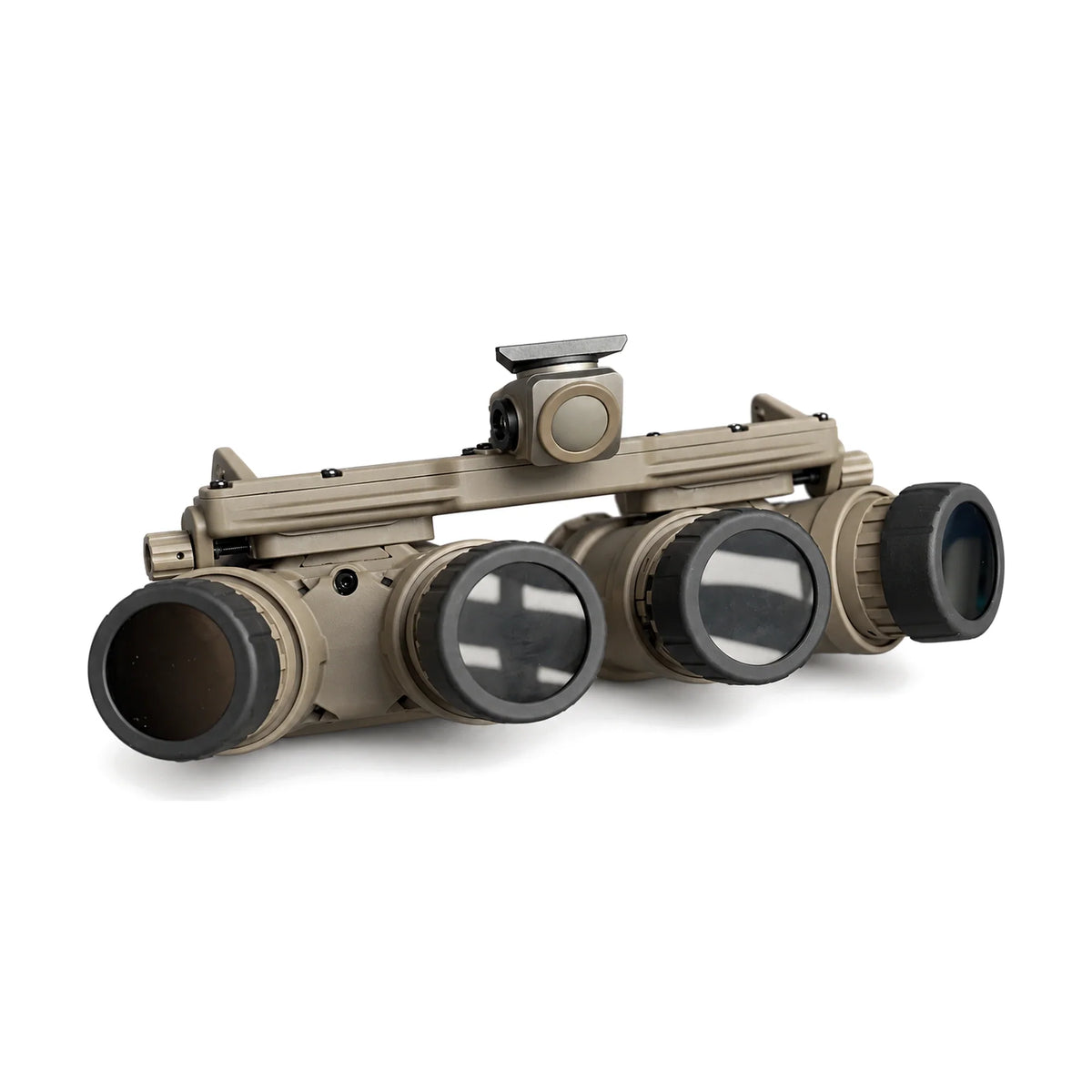 Night Operators GPNVG-18, Sand housing, front view with the dark tinted see-through front lens caps on