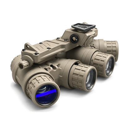 Night Operators GPNVG-18 four tube panoramic night vision goggle, Sand housing, front three quarter view, front caps off