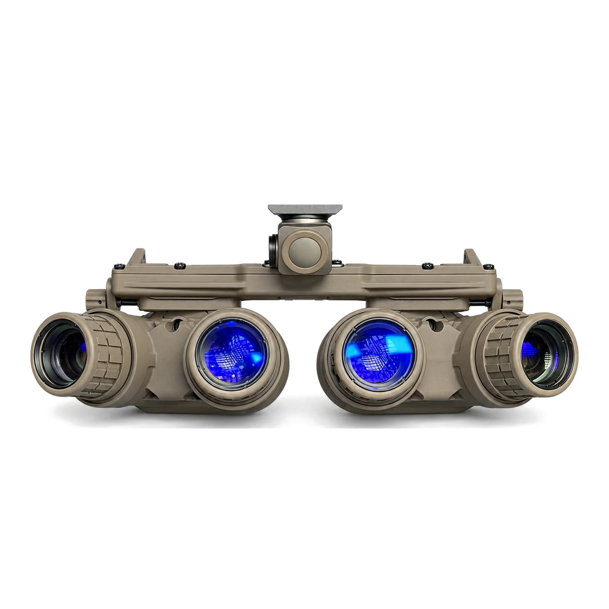 Night Operators GPNVG-18, Sand housing, straight front view of the four blue front lenses, caps off