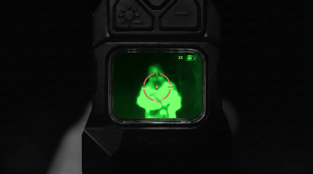 Illustration: view through the HYBRID at night in White Hot at 3x zoom, shown in green