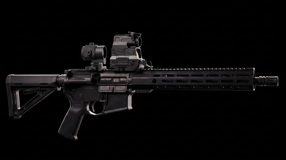 Night Operators HYBRID. On a rifle with the 3X MAG behind it