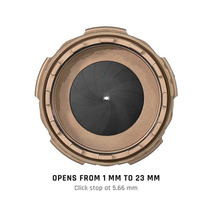 IRIS adjustable lens cap, opens from 1 mm to 23 mm