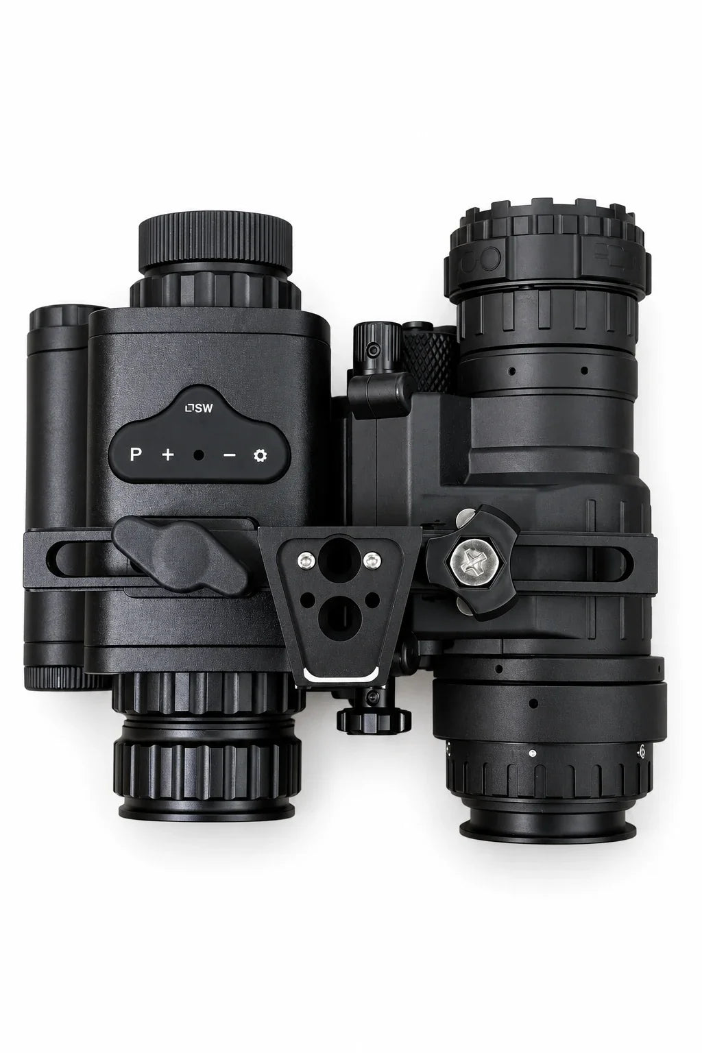 PVS-14 STANDARD and HEAT thermal on the dovetail bridge, top down, on white