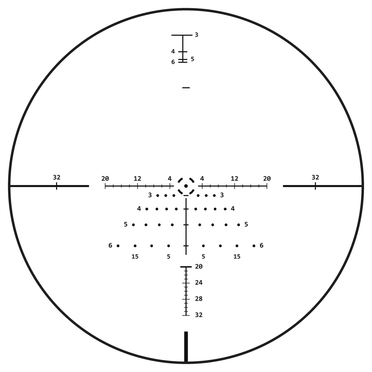 RZ 1-10 MOA holdover reticle with four arcs and a centre dot, drawn from a photo through the real scope