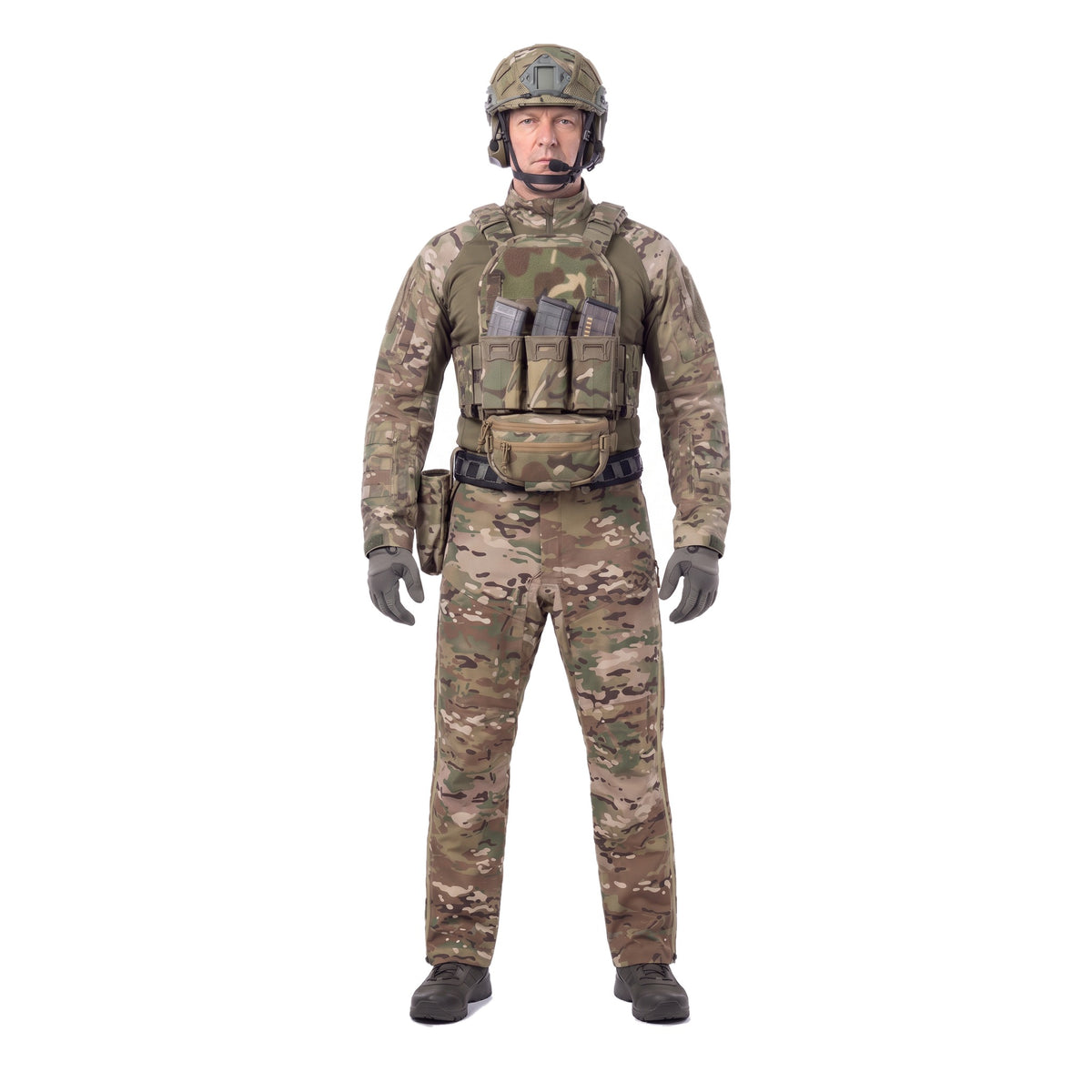 TALON Hardshell Pants in Multicam, worn with a full Multicam kit, front view