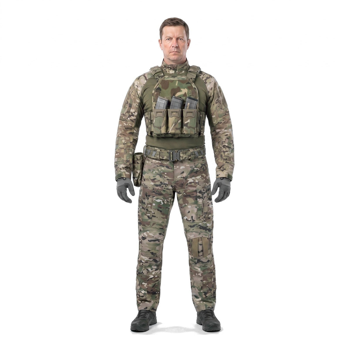 TALON Combat Set in Multicam, worn with a Multicam carrier, belt and pouches, front