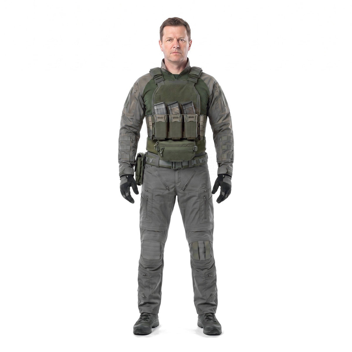 TALON Combat Set in Ranger Green, worn with a Ranger Green carrier, belt and pouches, front