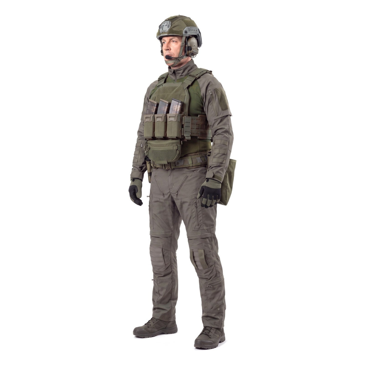 TALON Combat Set in Ranger Green, worn with a Ranger Green carrier, belt and pouches, three quarter