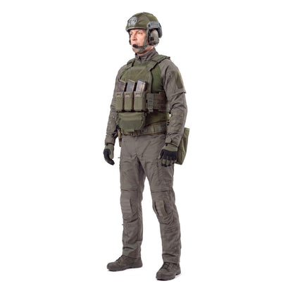 TALON Combat Set in Ranger Green, worn with a Ranger Green carrier, belt and pouches, three quarter